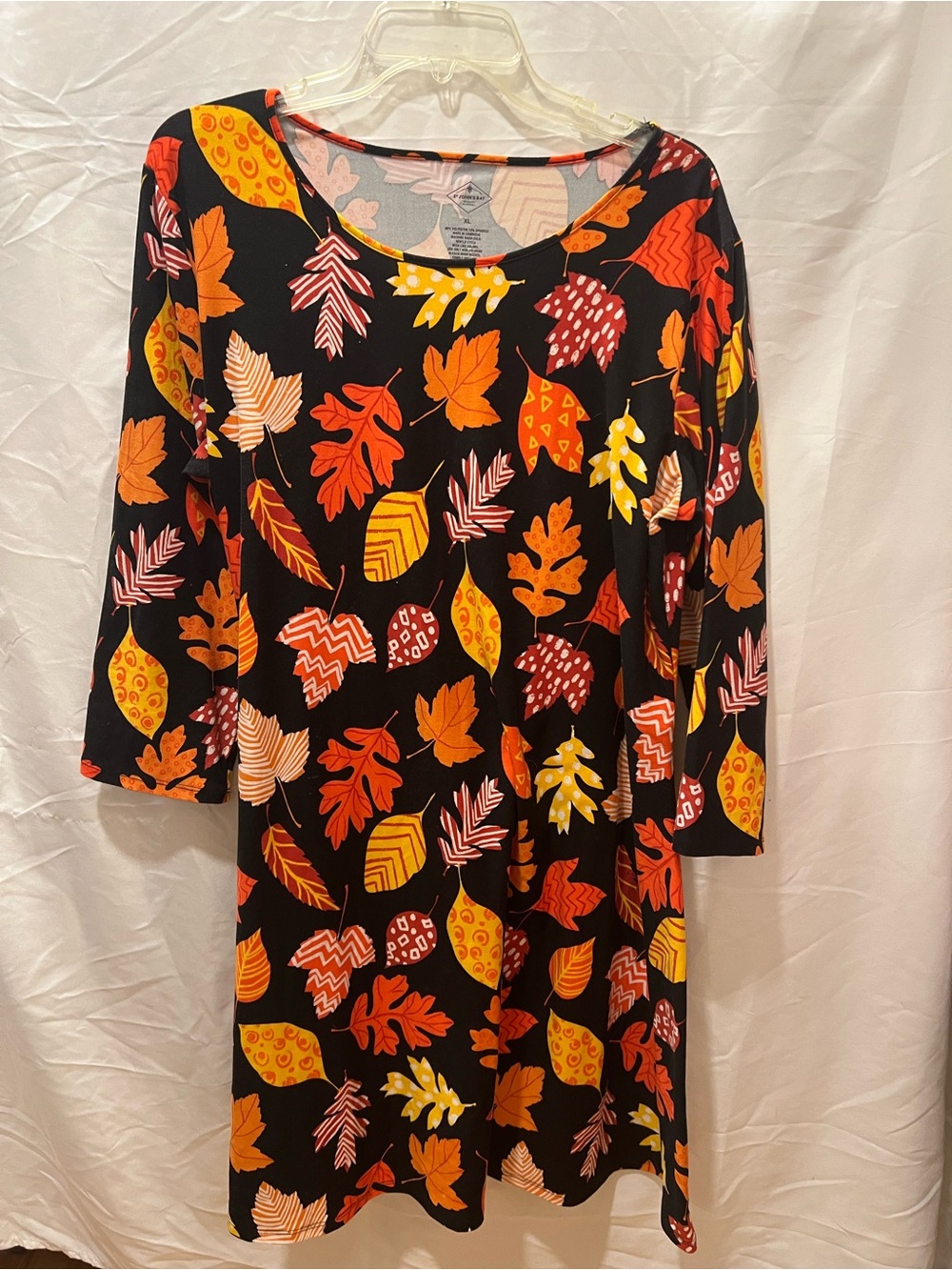 St. John's Bay Black Mini Dress with Orange, Yellow, and Pink Leaf Print